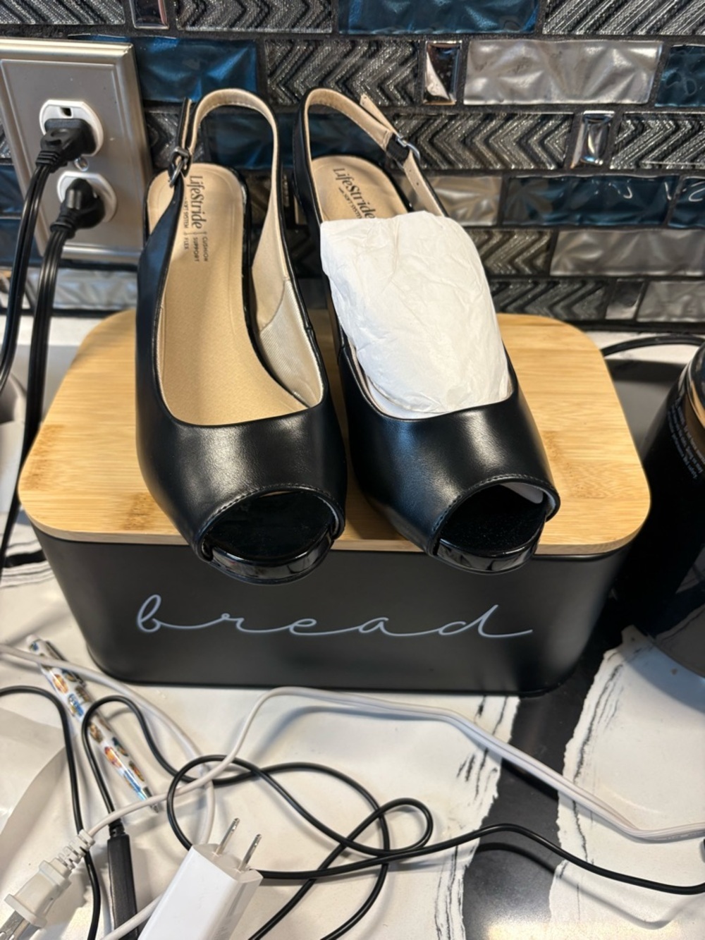 Life Stride Black Peep-Toe Slingback Heels